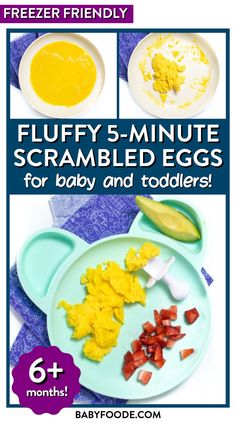 a bear shaped toddler plate with scrambled eggs, diced strawberries and an avocado slice Simple Scrambled Eggs, Easy Scrambled Eggs, Baby Breakfast, Toddler Foods, Fluffy Scrambled Eggs, Egg Allergy, Eggs For Baby, Baby & Toddler Food, Fluffy Eggs