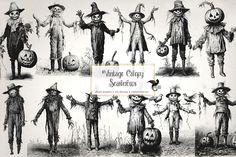 vintage halloween cliparts from the early 1900's including scarecrows, jack - o - lanterns and pumpkins