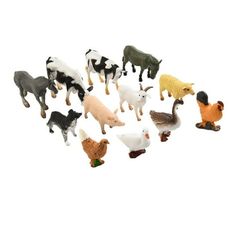 a group of farm animals standing next to each other on top of a white surface