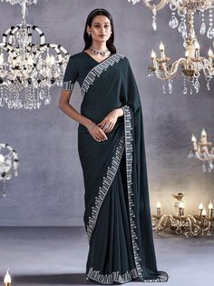 Border Design Saree, Plus Size Lehenga, Designer Silk Sarees, Teal Blue Color, Color Blouse, Indian Sarees Online, Ghagra Choli, Satin Saree, Blue Saree