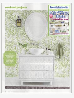 a magazine cover with a white dresser and green wallpaper in the background, along with an advertisement for kitchen projects