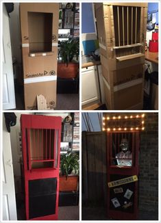 several pictures of different types of boxes and furniture in various stages of being painted red