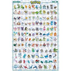 the pokemon poster is shown with many different characters and numbers in each one, as well as