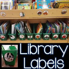 a book shelf filled with children's library labels and bins full of books