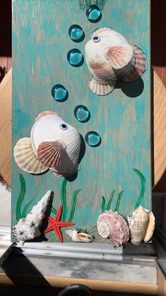 an art piece with shells and starfish on it