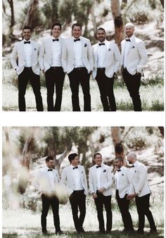 the men are dressed in white and black tuxedos