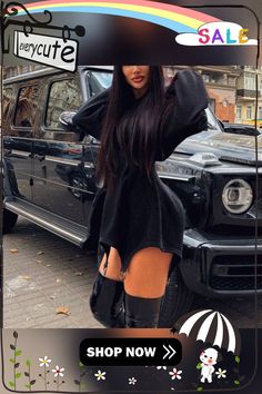 Fashion Solid Color Casual Loose Long Sleeve Hooded Dress Oversized Knee-length Mini Dress For Fall, Casual Long Sleeve Mini Dress For Winter, Oversized Winter Mini Dress, Black Hooded Dress For Fall, Oversized Hooded Winter Dress, Black Stretch Hooded Dress, Fitted Long Sleeve Sweatshirt Dress For Fall, Hooded Stretch Dresses For Fall, All Black Outfits For Women