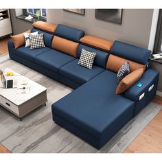 a living room with blue and brown couches