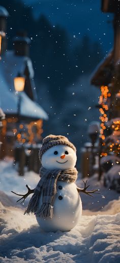 a snowman with a hat and scarf on standing in the snow