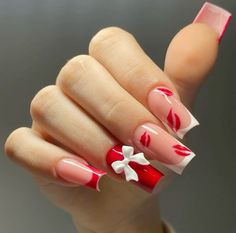 Christmas Elegant Nails Classy, Red Acrylics With Design, Valentine’s Day Coffin Acrylic Nails, Nails Saint Valentin, Red Bull Nails, Valentines Nails Designs Red, Ideas Uñas Acrilicas, Nail Ideas Red And White, Valentines Nails Long