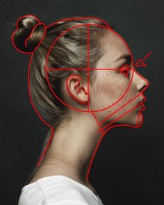 a woman's face with red lines drawn across it