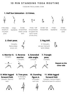 the 10 minute standing yoga routine for beginners is shown in black and white, with instructions