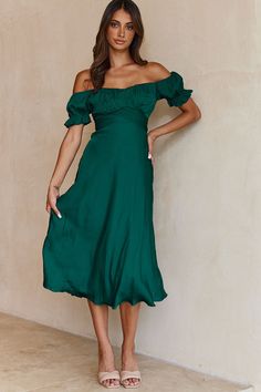 Shop the Linka Off-Shoulder Tie Back Midi Dress Forest Green | Selfie Leslie Yellow Bridesmaids, Green Bridesmaid, Off Shoulder Fashion, Blue Bridesmaids, Date Night Dresses, Dress Satin, Head Over Heels, Mini Dress Casual, Hello Gorgeous