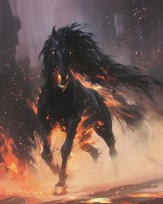 a black horse running through a fire filled sky