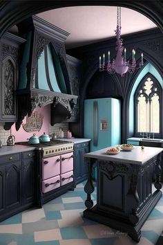 a kitchen with blue and pink cabinets, a chandelier and a checkered floor