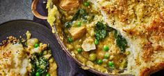 a casserole dish with peas and chicken is shown next to a slice of bread