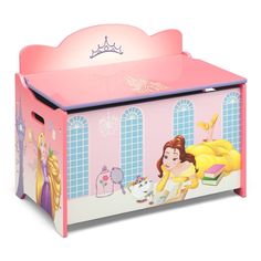 a pink toy box with princesses on the front and side panels, sitting in front of a white background