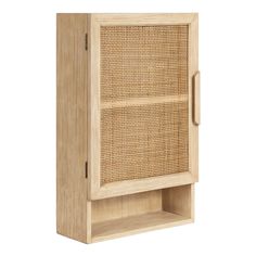 a wooden cabinet with wicker doors on the front and bottom shelf, against a white background