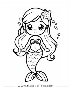 the little mermaid coloring page for girls with long hair and big eyes is shown in black and