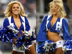 a cheerleader in blue and white is dancing