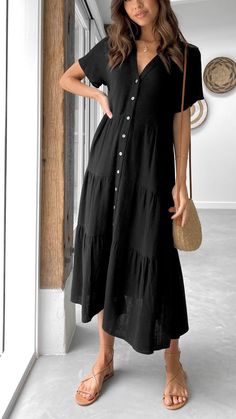 TH01508-Black (4) Modest Clothing, Linen Material, Tiered Maxi Dress, Mode Inspo, Daily Dress, Natural Brown, Mode Inspiration, Tiered Skirt, Spring Summer Outfits