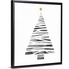 a black and white christmas tree with stripes on the bottom, framed in a wooden frame