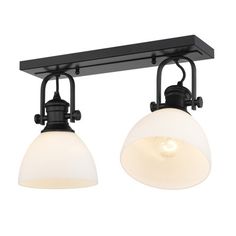 two light ceiling fixture with white glass shades and black metal frame, on an isolated track