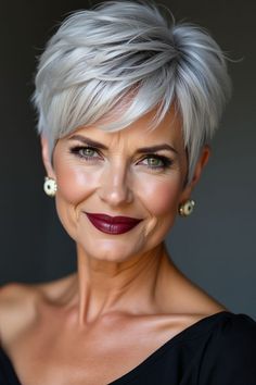 Pixie haircuts for women over 50 offer stylish, age-appropriate options. Explore flattering short cuts, soft layered pixies, and youthful textured crops. Discover elegant gray pixies, face-framing short styles, and low-maintenance hair solutions. Find inspiration for volumizing short cuts, wispy bangs, and sophisticated pixie variations to enhance mature beauty while providing easy-care, contemporary looks for women embracing their fifties. Short Curly Grey Hair Over 50 Gray Hairstyles, Edgy Grey Hairstyles Over 50, Short Pixie Haircuts For Fine Hair Over 50, Short Hairstyle Women Over 70 Grey Hair, Short Spiked Hair For Women Over 50, Pixie Haircuts For Women Over 60, Short Hair Older Women Over 50 Simple, Short Edgy Pixie Haircut, Stacked Pixie Haircut