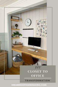 a desk with a computer on it in front of a clock and other items around the room