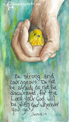 a watercolor painting of hands holding a small yellow bird with a bible verse written on it