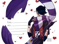 an anime character with long black hair and blue eyes holding a purple scarf over his shoulder