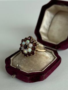 Large Vintage 9ct Yellow Gold Garnet and Opal Cluster Ring - Etsy Antique Cluster Ring As A Gift, Vintage Cluster Ring Suitable For Gifts, Vintage Cluster Rings For Gifts, Vintage Cluster Rings As Gift, Multi Stone Ring, Multi Stone, Cluster Ring, Stone Rings, Favorite Jewelry