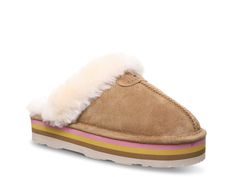 Bearpaw-Retro Loki Platform Slipper Keep your style looking cool even when you're lounging at home with the Retro Loki platform slipper from Bearpaw. With a multicolored flatform midsole and fluffy sheepskin trim, you'll wish you could rock this pair all day long! Casual Brown Platform Slippers, Platform Slippers, Slide Slipper, Christmas List, Loki, Women's Shoes, At Home, Slippers, Trim