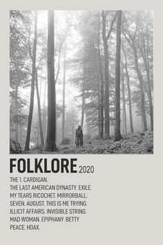 a poster with the words folkloree in black and white, surrounded by tall trees