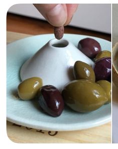 two pictures one with olives and the other with an egg