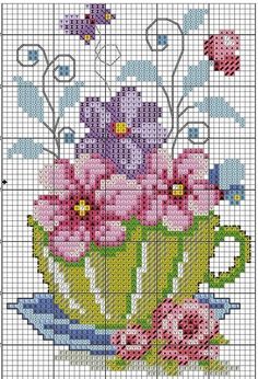 a cross stitch pattern with pink flowers in a green cup