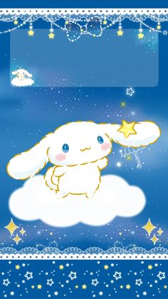 a cartoon bunny sitting on top of a cloud with stars in the sky behind it