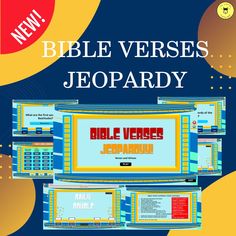 an advertisement for the bible verses, jeepardy website on a blue and yellow background