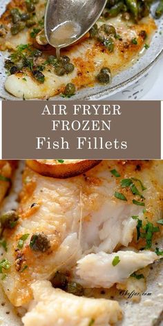 air fryer frozen fish fillets on a white plate with a spoon in it