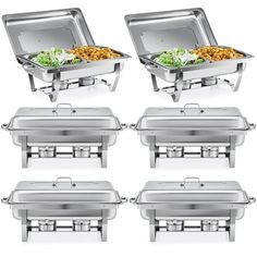 six stainless steel chafers with lids and trays for food on the side