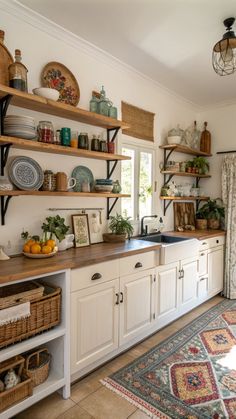 Boho Kitchen Ideas Open Shelf Small Kitchen, Open Dish Shelves, Farmhouse Eclectic Kitchen, Eclectic Dishes Mix Match, Floating Shelves For Dishes, Kitchen Thrift Ideas, Kitchen With Open Cabinets, Open Concept Kitchen Shelves, Vintage Kitchen Shelves