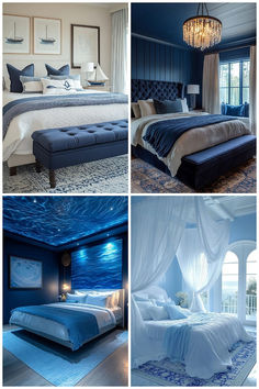 four different pictures of a bedroom with blue and white decor, including a large bed