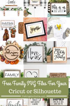 a collage of pictures with the words free family svg files for your cricut or silhouette