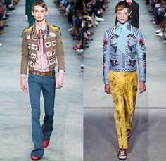 Gucci 2016 Spring Summer Mens Runway Catwalk Looks Alessandro Michele - Milano Moda Uomo Collezione Milan Fashion Week Italy - 1970s Seventies Flare Denim Jeans Outerwear Trench Coat Jacket Tie-dye Acid Wash Wide Leg Trousers Bees Flowers Florals Botanical Print Motif Embroidery Adornments Bedazzled Metallic Studs Leather Round Collar Panels Suede Check Zigzag Knit Sweater Lace Androgyny Ribbon Stripes Jacquard Men Runway