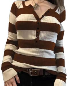 Retro Ribbed Winter Tops, Trendy Brown Sweater With Button Closure, Retro Brown Winter Top, Y2k Style Fall Tops With Buttons, Retro Brown Top For Winter, Fitted Brown Casual Sweater, Casual Fitted Brown Sweater, Brown Y2k Long Sleeve Tops, Y2k Style Brown Top For Fall