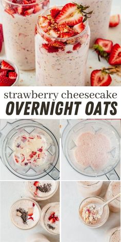 strawberry cheesecake overnight oats in mason jars with strawberries and other ingredients to make them