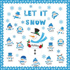 a snowman is shown with the words let it snow and other winter related items