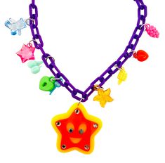 This 16" necklace is a perfect choice for kids and adults alike. It features a lobster closure plus a strong plastic link chain. The center charm of each necklace is the same while the surrounding charms may differ. To customize your necklace, please reach out to us. All necklaces come with a Sadie's Moon card for easy packaging. Playful Multicolor Jewelry With Star Charm, Playful Adjustable Necklace With Lobster Clasp, Fun Star-shaped Jewelry For Gifts, Kidcore Necklace, Clowncore Outfit, Moon Card, Happy Jar, Scene Core, Mabel Pines