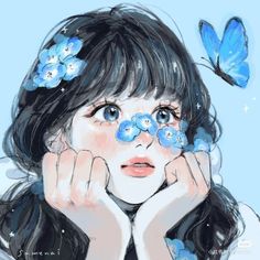 a drawing of a girl with blue flowers on her hair and butterflies flying around her