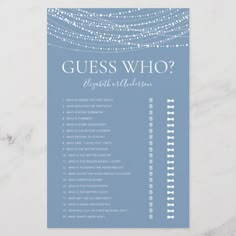 a blue and white guess card with the words guess who?